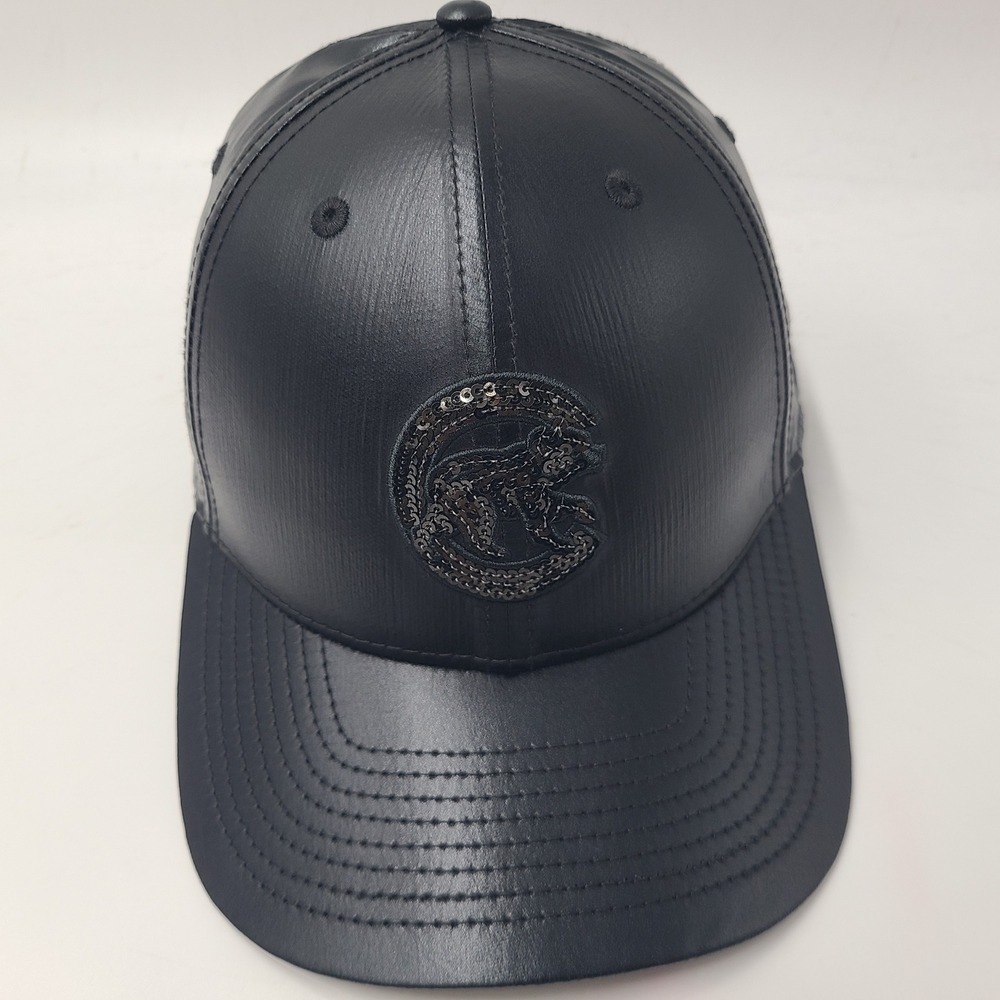Women Chicago Cubs Hat Snapback New Era 9Forty Black Sequins Logo Faux Leather